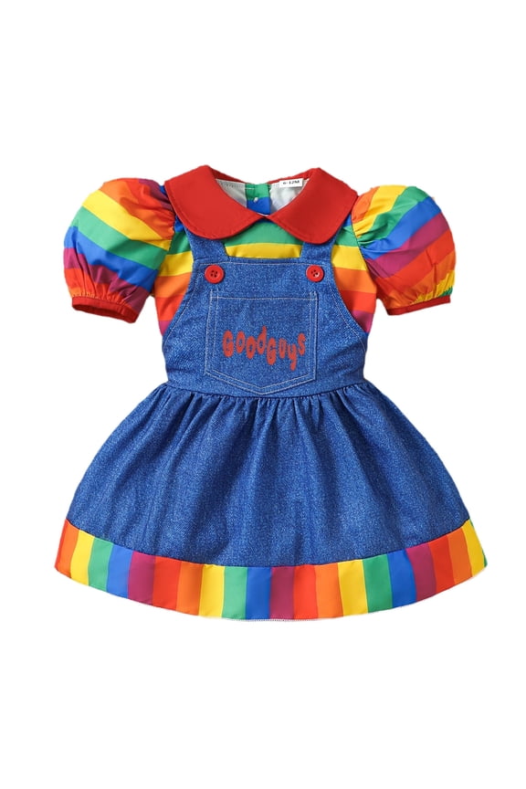 Girls Clothing Sets Fashion Girls Rainbow Short Sleeve Shirt Top Letter Printed Cowboy Strap Skirt Two Piece Set 6-12 Months