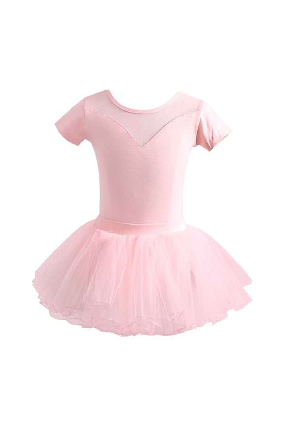 Girls Dance Dresses O-Neck Performance Tutu Dress Short Sleeve Leotard Dresses For Ballet Jazz Recital Practice Ages 1-14 Years Toddler Kids Solid Color Leisure Sundress