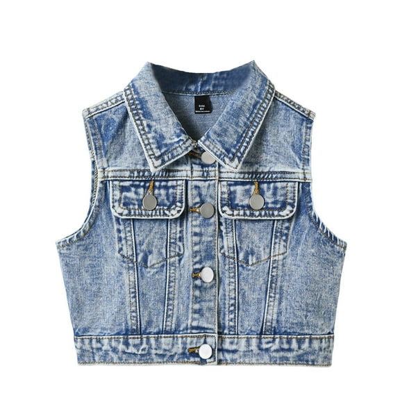 Vividxx Girls Denim Jacket Style Open Front Vest With Lapel Collar Casual Loose Fit Outerwear For Teen Girls Fall Everyday Wear Solid Color Toddler Holiday Outwear