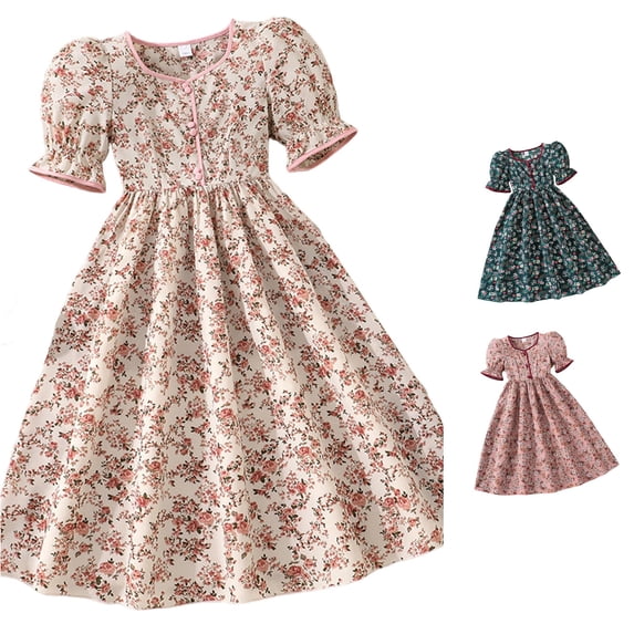 Vividxx Girls Dress Floral Print Dress Puff Sleeve Square Neckline A Line Swing Midi Dresses For Kids Party 8-9 Years