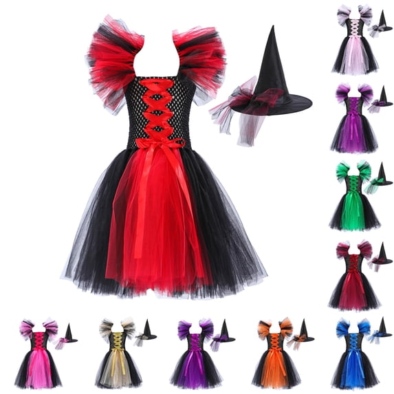 Vividxx Girls Dress Kids Girls Witch Halloween Black Gown With Hat Fancy Tutu Dress Up Party Tulle Dresses Hallowmas 10-12 Years