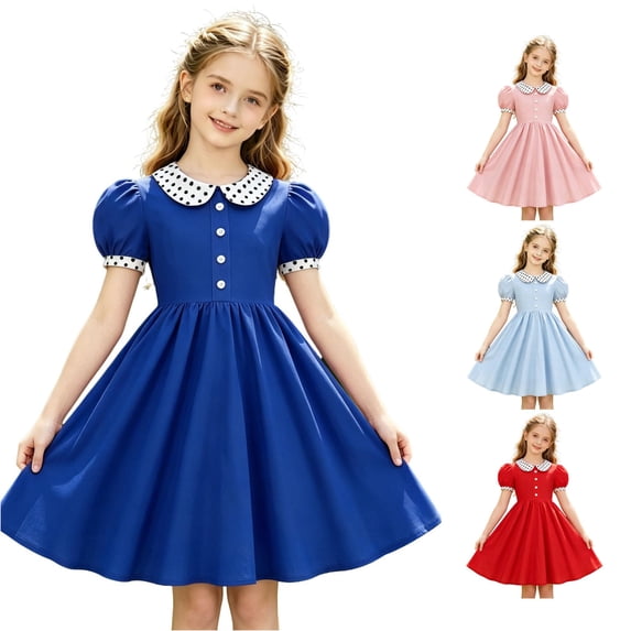 Vividxx Girls Dress Puff Sleeve Dress Color Block Dresses Party Daily Wear For Kids Formal 8-9 Years