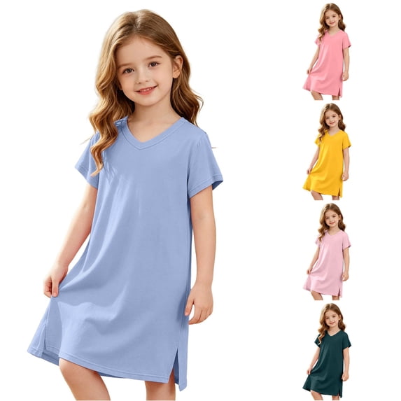 Vividxx Girls Dress Short Sleeve Midi Dresses Kids Casual Soft Dress Solid Color V Neck Sundress Comfortable 8-9 Years