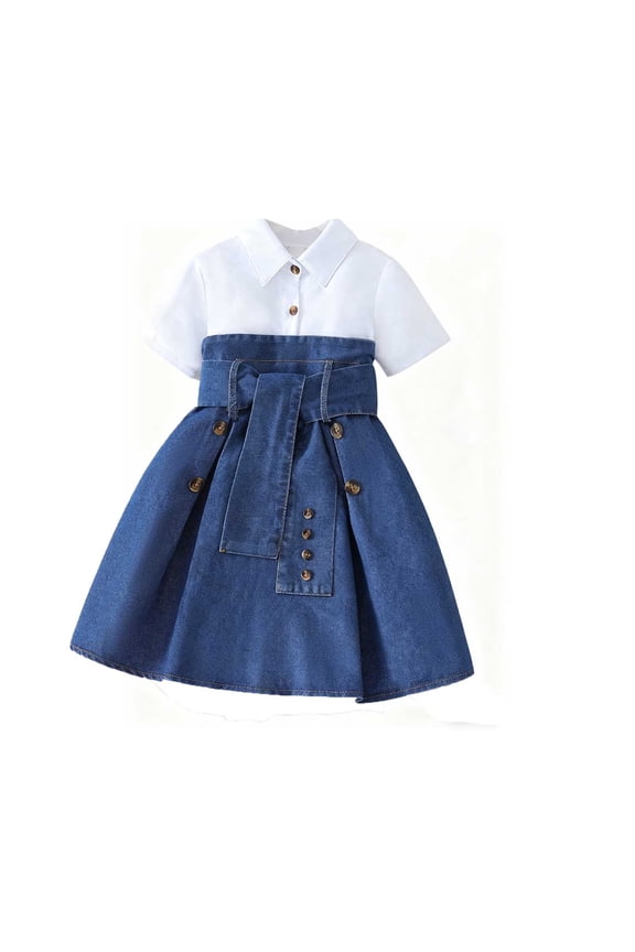 Girls Dress Stylish Girls Denim Patchwork Solid Color Casual Party Dress With Flowy Skirt And Comfortable Fit For Various Occasions 5-6 Years