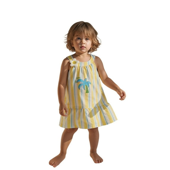 Vividxx Girls Dress Summer Baby Girl Children's Crew Neck Sleeveless Coconut Tree Print And Comfortable Breathable Dress 3-4 Years