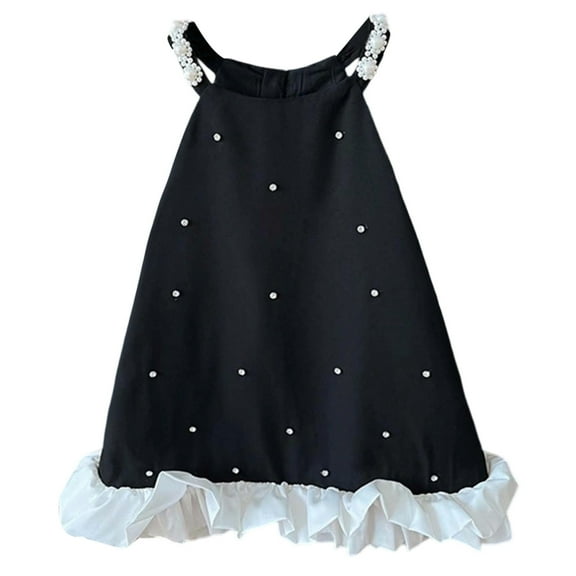 Vividxx Girls Dress Young Children Casual Formal Wear Beaded Small Flared Straps Dress With Zipper Sleeveless Ruffled Edge Summer Dress Playwear Event Solid Color Toddler O-Neck Leisure Sundress