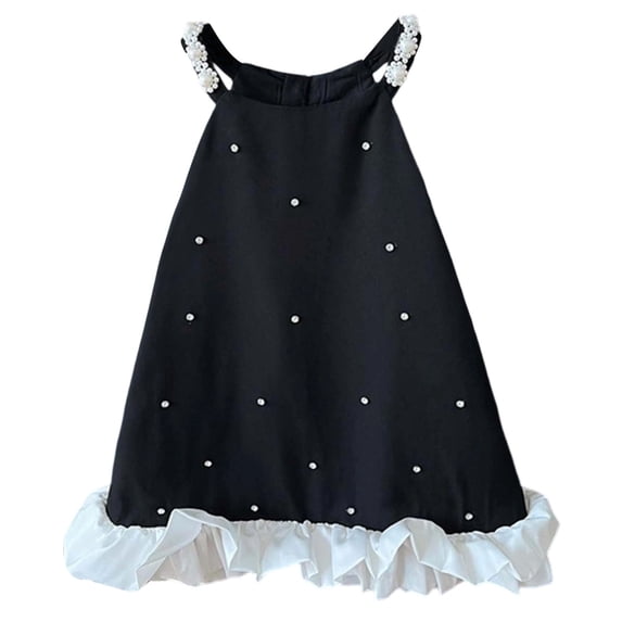 Vividxx Girls Dress Young Children Casual Formal Wear Beaded Small Flared Straps Dress With Zipper Sleeveless Ruffled Edge Summer Dress Playwear Event Solid Color Infants O-Neck Trendy Sundress