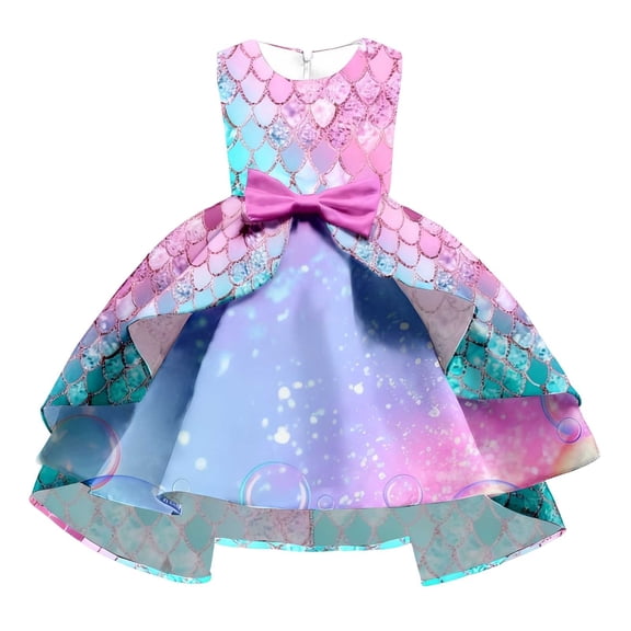 Vividxx Girls Dresses And Shine Gradual Color Sequin Scale Print Girls Formal Gown With Bow And Elegant Detachable Train For 7-8 Years