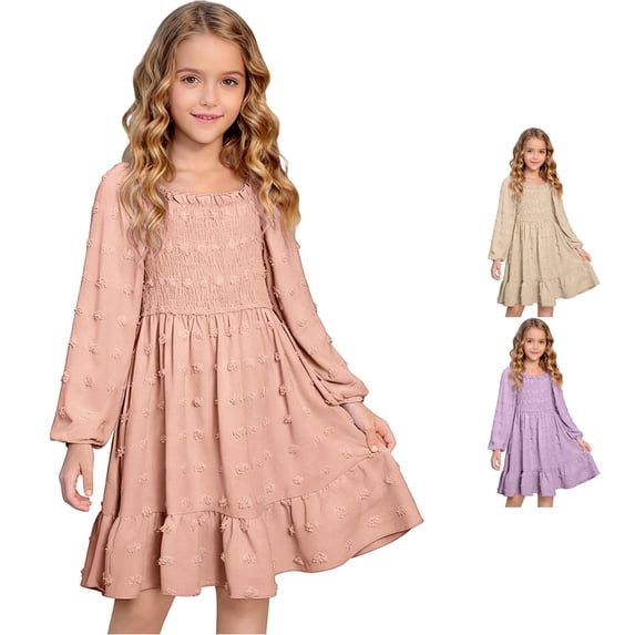 Vividxx Girls Dresses Elegant Long Sleeve Square Neck Ruffle Hem Party Dress A-Line Cute Midi Casual Dress Com Fortable Everyday Wear 13-14 Years