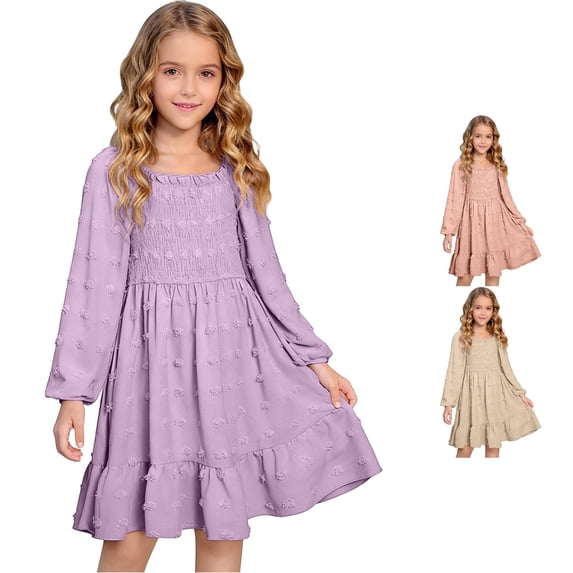Vividxx Girls Dresses Elegant Long Sleeve Square Neck Ruffle Hem Party Dress A-Line Cute Midi Casual Dress Com Fortable Everyday Wear 6-7 Years