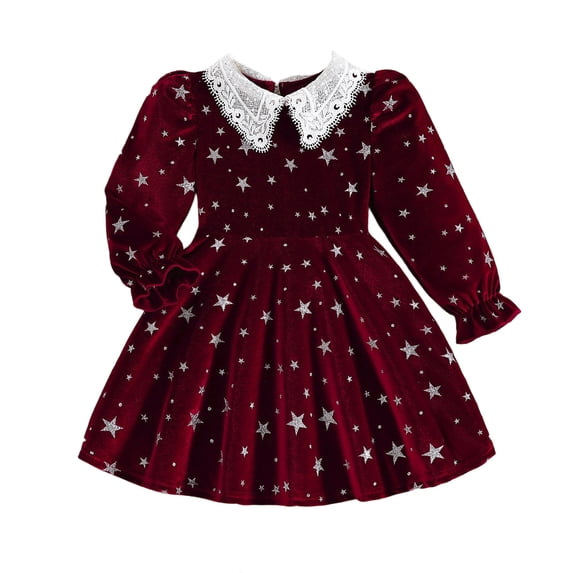 Vividxx Girls Dresses Elegant Star Embossed Dress with Floral Lace and Notched Collar Long Sleeve Party Wear Fashion 5-6 Years