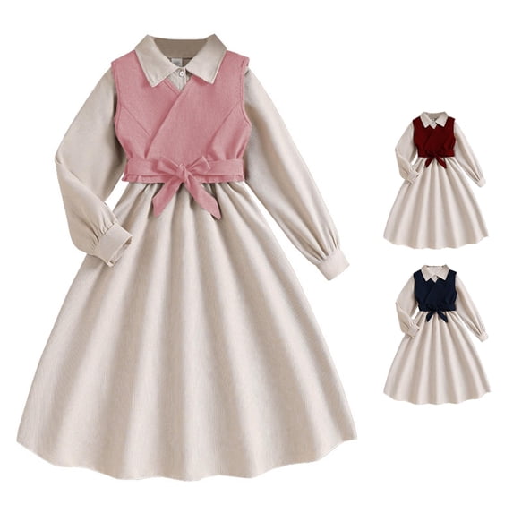 Vividxx Girls Dresses Fall Winter Corduroy Dress with Detachable Vest Fashion Long Sleeve Dresses for Toddler and Kids Stylish Daily Wear 11-12 Years