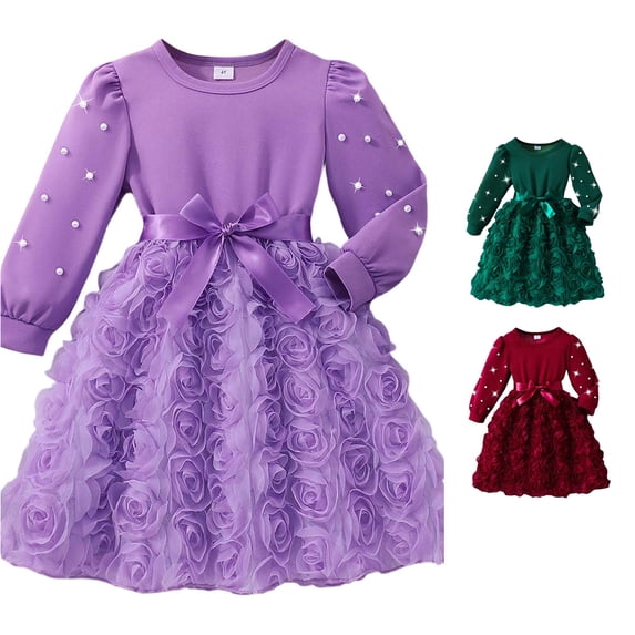 Vividxx Girls Dresses Flower Long Sleeve Dress Elegant Party Fall Dress for Toddler and Kids Daily Wear 4-5 Years