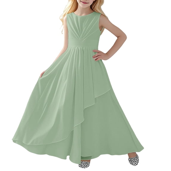 Vividxx Girls Dresses For Elegant Sleeveless Round Neck Party Dress Kids Performances Weddings And Outdoor Events Solid Color Toddler Trendy Sundress
