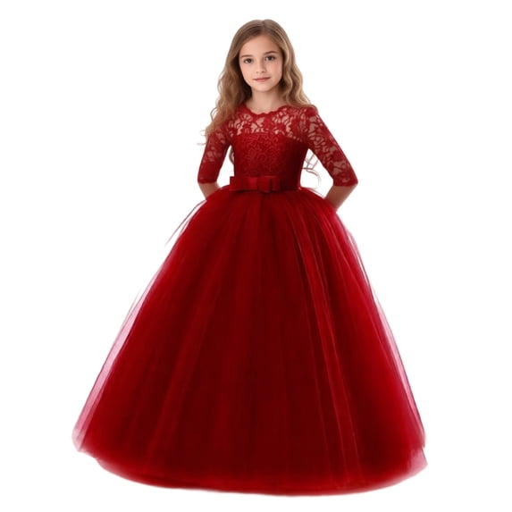 Vividxx Girls Dresses Kids Performance Dress Formal Flower Lace Dress Wedding Clothes Bowknot Party Gown 10-11 Years