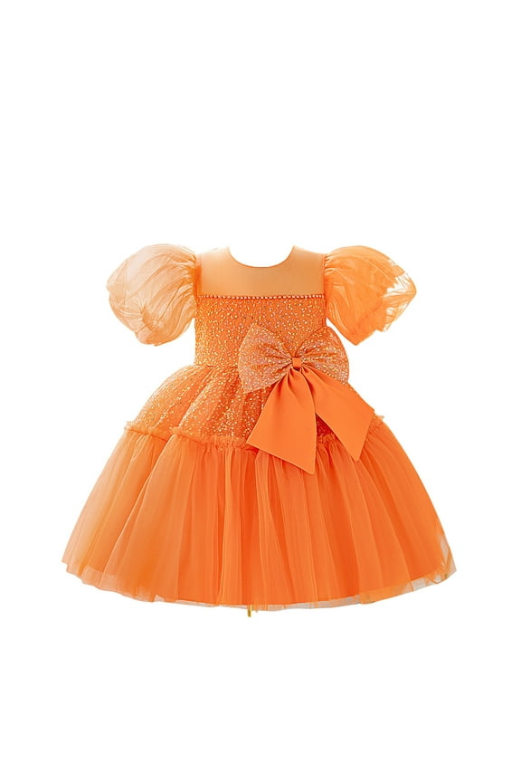 Girls Dresses O-Neck For Sparkly Sleeve Dress With Bow Detail For Toddler Kids 3-8 Years Old Solid Color Stylish Sundress