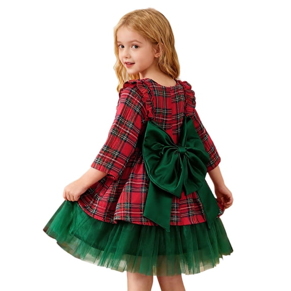 Vividxx Girls Dresses Ruffle Plaid Layered Dress with Bow Back Detail Fall Dress Toddler Kids Holiday Party 5-6 Years
