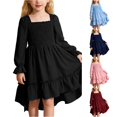 thumbnail image 1 of Vividxx Girls Dresses Square Neck Ruffled Hem Elegant Boho Party Dress for Kids Cute Midi Casual Dress 13-14 Years, 1 of 7