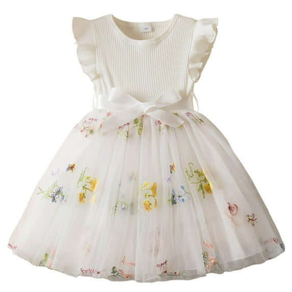 Vividxx Girls Dresses Toddler Children Girls Fly Sleeve Bowknot Embroidered Flowers Prints Dresses Dress Clothes 4-5 Years