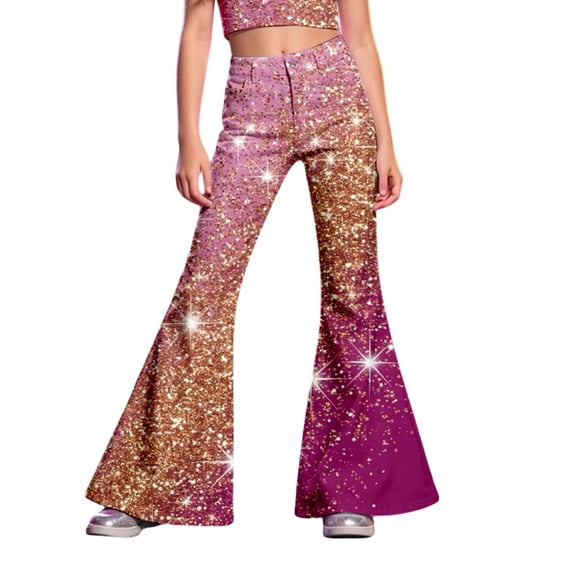 Vividxx Girls Flare Pants Sparkling Glitter Stage Pants For Girls Sequin Bell Bottom For Performances And Everyday Wear Comfy Trousers 7-8 Years