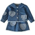 thumbnail image 1 of Vividxx Girls Outfits Sets Casual Denim Jacket And Skirt Two Piece Outfits Sets With Patchwork Heart Design For Toddler Kids Age 2-10 Years Fall Everyday Wear Solid Color O-Neck Trendy Dailywear, 1 of 9