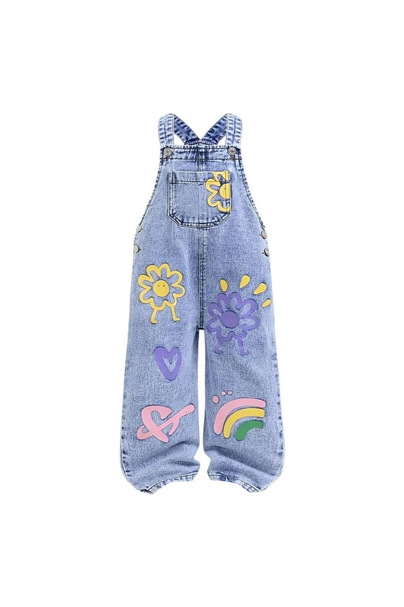 Girls Pants Toddler Kids Fashion Doodle Print Wide Leg Jumpsuit Denim Overalls For Casual Wear Years Comfortable Summer Fall Onesie Holiday Dailywear