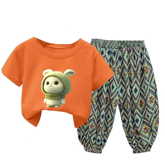 Vividxx Girls Summer Outfits Sets 2PCS Cute Printed Short Sleeve Tops And Ethnic Floral Pants Casual Playwear Infants Kids Clothes For Age 1-10 Years Comfortable Elastic Waist Trendy Dailywear