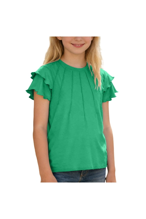 Girls T-Shirts Fashion Casual Top With Ruffle Hem And Pull String Detail Solid Color Short Sleeve Tee For Everyday Wear Casual Vacation Tops