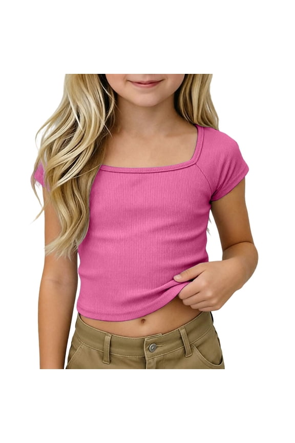 Girls T-Shirts Ribbed Knit Crop Top Short Sleeve Tee Shirt Square Neck Raglan Basic Casual For Kids Toddler Teen Tops For Girls