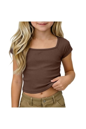 Girls T-Shirts Ribbed Knit Crop Top Short Sleeve Tee Shirt Square Neck Raglan Basic Casual For Kids Toddler Teen Tops For Girls