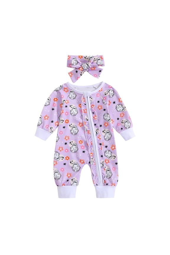 Halloween Newborn Pumpkin Print Zip Up Long Sleeve Bodysuit For Girls For Daily Wear Indoor Play And Seasonal Celebrations Trendy Onesie