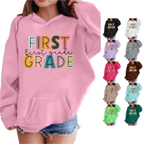 Vividxx Hoodies For Girls Long Sleeve Letter Print Pocket Pullover Casual Hooded Sweatshirts For School Fashion Clothing 10-11 Years
