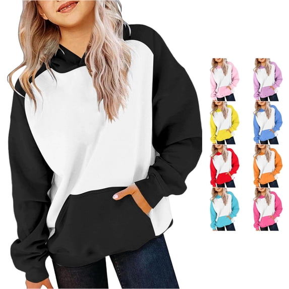 Vividxx Hoodies For Girls Oversized Long Sleeve Hooded Sweatshirt Kids Casual Color Block Pullovers Tops With Pocket Comfortable 11-12 Years