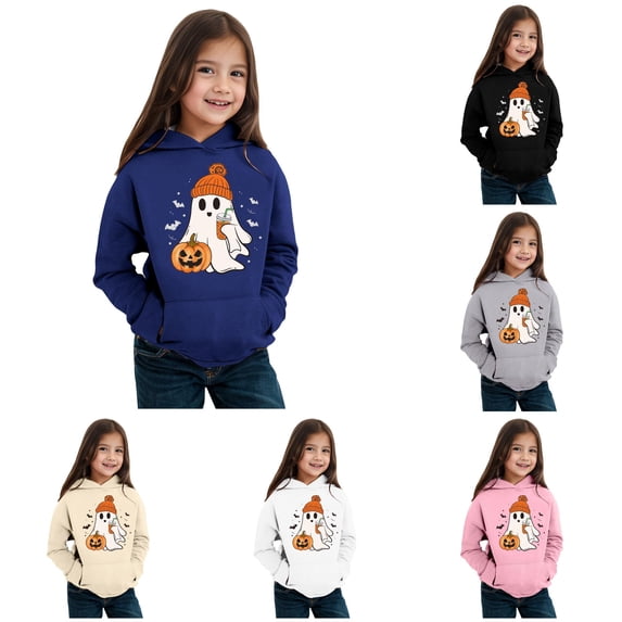 Vividxx Hoodies For Girls Toddler Halloween Pumpkin Ghost Print Hoodie Warm Long Sleeve Pullovers Tops Kids Streetwear 18-24 Months
