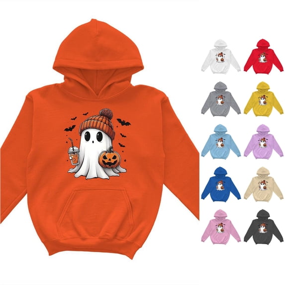 Vividxx Hoodies For Girls Halloween Pumpkin Ghost Printed Pullover Sweatshirt Kids Long Sleeve Casual Hoodie For Toddler Youth Warm Fall Winter Clothes Streetwear 3-4 Years