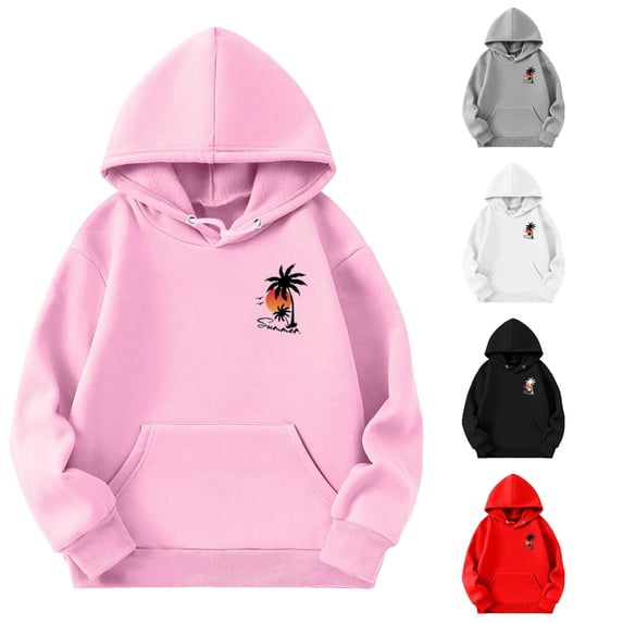 Vividxx Hoodies For Girls Kids Sports Long Sleeve Hooded Sweatshirt With Pocket Casual Coconut Tree Print Hoodie Cute Pullovers Tops Streetwear 11-12 Years