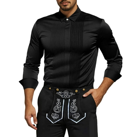 Vividxx Men's Shirts Men's Long Sleeve British Style Lapel Pleated Shirt Comfortable