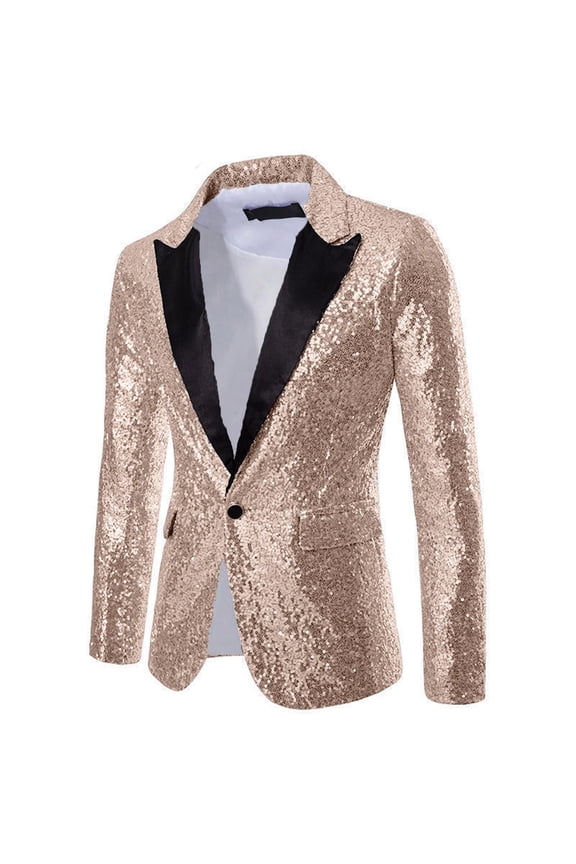 Mens Stage Performance Formal Suit Jacket With Gold Sequin Evening Party Groom Wedding Reception Dinner Reception Tuxedo Coat Long Sleeve