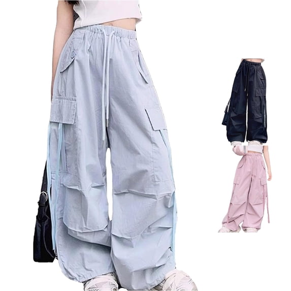 Vividxx Pants For Girls Vintage Fashion Cargo Pants With Pockets Drawstring Solid Color Streetwear Fashion 5-6 Years