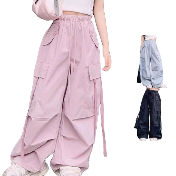 Vividxx Pants For Girls Vintage Fashion Cargo Pants With Pockets Drawstring Solid Color Streetwear Trousers 13-14 Years