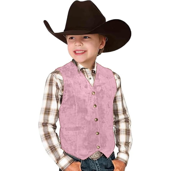 Vividxx Retro Boys Cowboy Vest Suede Leather Style V-Neck Button Down Casual Western Vest Waist Coats For Halloween Party Solid Color Toddler Cute Outwear