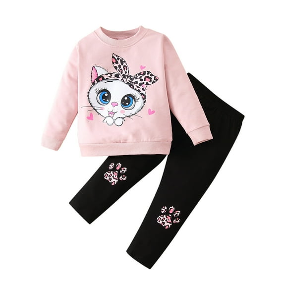Vividxx Toddler Girl Clothes Kids Children Girls Long Sleeve Cute Cartoon Animals Tops Leopard Printed Pants Trousers Outfits Set 2Pcs Clothes 2-3 Years