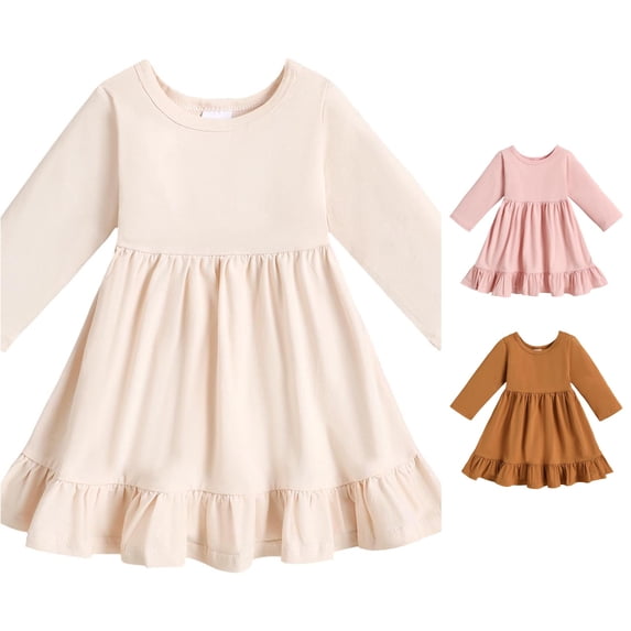 Vividxx Toddler Girl Dress Little Girls Fall Ruffled Hem Dress Solid Color Long Sleeve Crewneck A Line Cute Midi Casual Dress 2-3 Years