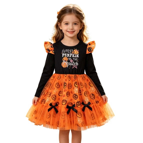 Vividxx Toddler Girl Halloween Dress Pumpkin Letter Print Mesh Tutu Dress Long Sleeve Crewneck for Fall Festival Party 4-5 Years