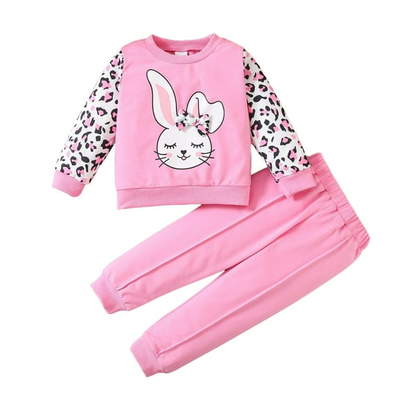Vividxx Toddler Girl Outfits Set Toddler Leopard Printed Long Sleeve Crew Neck Cute Bunny Top With Casual Pants Two Piece Outfit For 9-12 Months