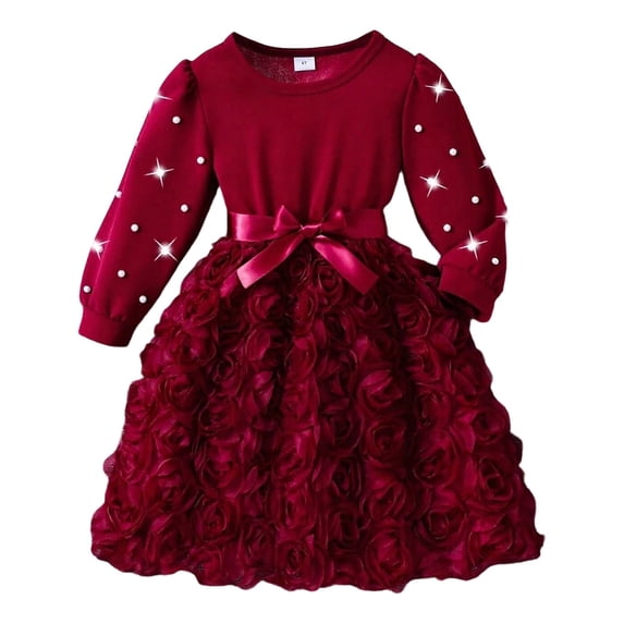 Vividxx Toddler Girls Dresses Long Sleeve Dress With 3D Floral Pearl Elegant Solid Color Party Dress For Toddler And Kids 3-4 Years