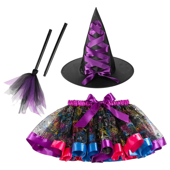 Vividxx Toddler Girls Witch Tutu Skirt Set With Hat And Broomstick 3 Pcs Dress Up Halloween Outfits 4-6 Years