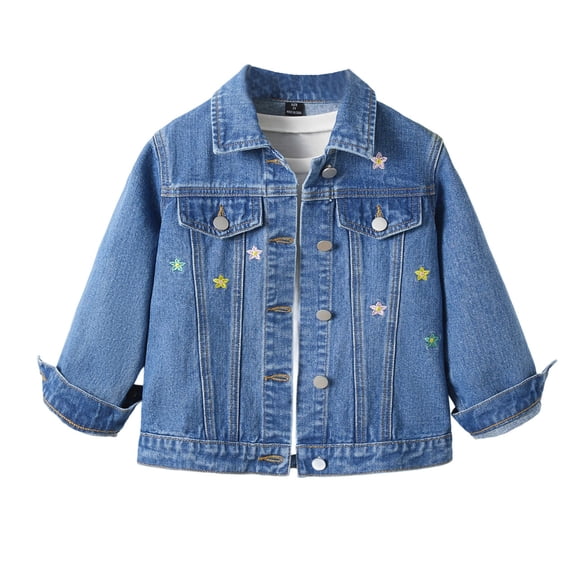 Vividxx Trendy Girls Denim Jacket With Embroidered Collar Casual Loose Fit Outerwear For Toddler Kids Fall Fashion Solid Color Comfort Outwear