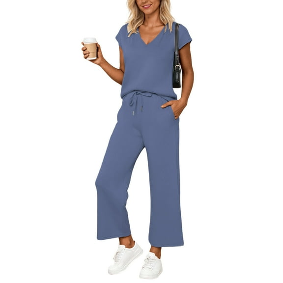 Vividxx Two Piece Sets For Women Summer Outfits Sets V Neck Tops Wide Leg Pants Woman Travel Outfits Breathable