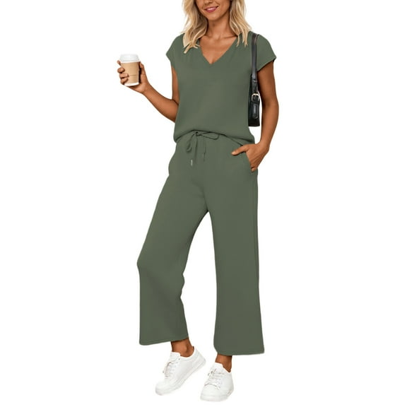 Vividxx Two Piece Sets For Women Summer Outfits Sets V Neck Tops Wide Leg Pants Woman Travel Outfits Trousers
